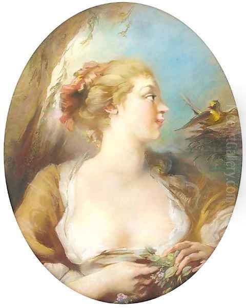 Portrait of a lady, half length, listening to a songbird Oil Painting by French School