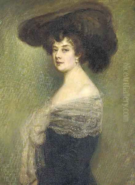 Portrait of a lady, half-length, in a black dress trimmed Oil Painting by French School