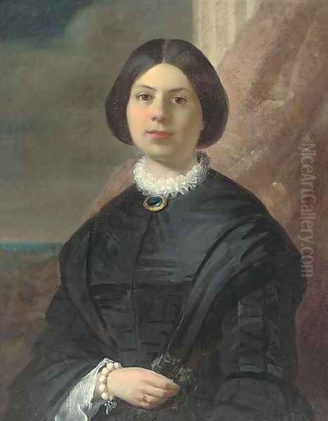 Portrait Of A Lady, Half-Length, In A Black Dress With A Lace Collar And Broach Oil Painting by French School