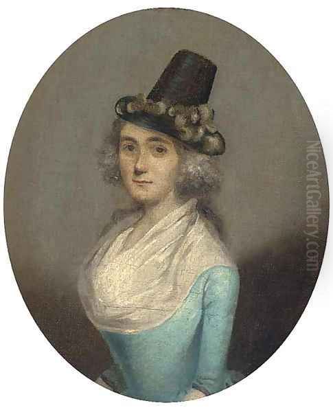 Portrait of a lady, half-length, wearing a black bonnet and blue dress Oil Painting by French School