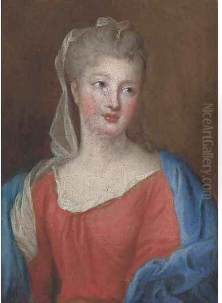 Portrait of a lady, in a red dress and blue cloak Oil Painting by French School