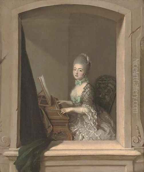 Portrait of a lady, seated, three-quarter-length, at a harpsichord, by a casement Oil Painting by French School