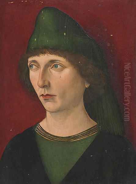 Portrait of a man, bust-length, in a green and black shirt and green cap Oil Painting by French School