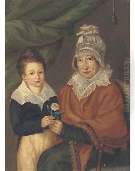 Portrait of a mother and son holding a rose Oil Painting by French School