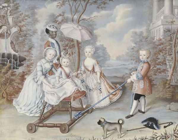 The children of a noble family playing in an elegant park attended by a page, a pug in the foreground Oil Painting by French School