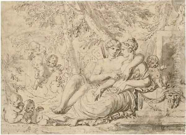 Venus and Adonis with cupids in a bower Oil Painting by French School