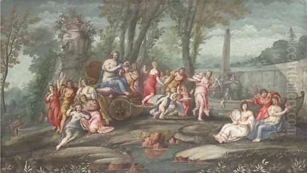 Venus and Cupid in a chariot attended by nymphs and muses Oil Painting by French School