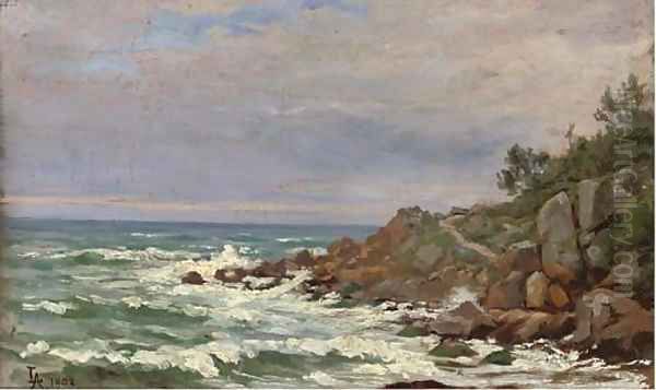 Waves breaking off the coast Oil Painting by French School