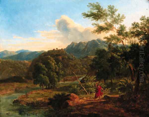 A classical landscape with a man fighting off a serpent Oil Painting by French School