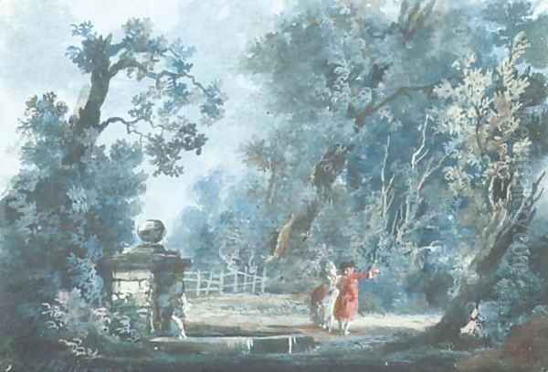 An elegant couple by a fountain in a park Oil Painting by French School