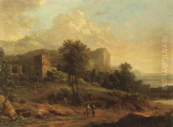 An Italianate landscape with figures on a path, a castle beyond Oil Painting by French School