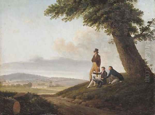 Figures surveying an extensive landscape Oil Painting by French School