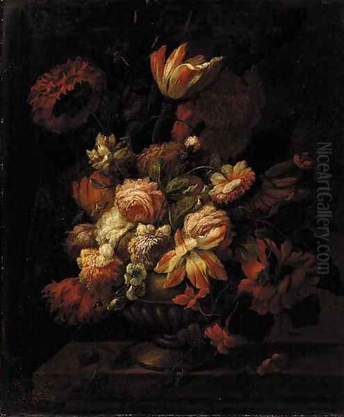 Parrot tulips, narcissi, carnations, peonies and other flowers in an urn on a stone ledge Oil Painting by French School