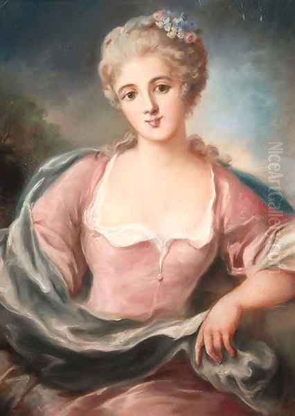 Portrait of a young lady in a pink dress with flowers in her hair Oil Painting by French School