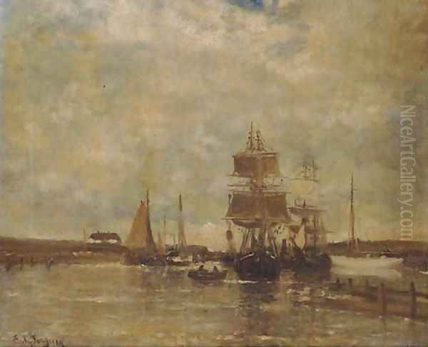 Sailingships in a harbour, Britanny Oil Painting by French School