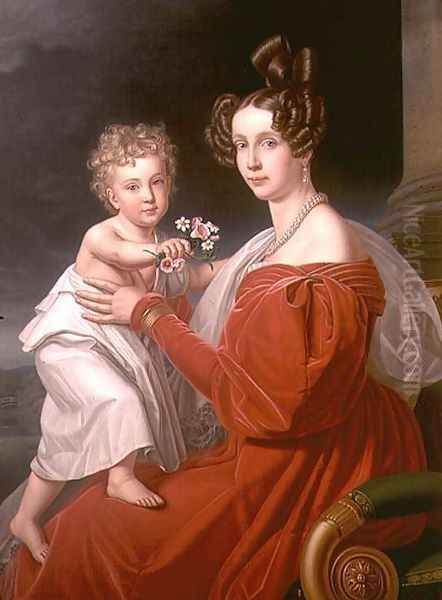 Archduchess Sophia of Austria 1805-72 with her two year old son Franz Joseph 1830-1916 later Emperor Francis Joseph I of Austria Oil Painting by J. K. Stiegler