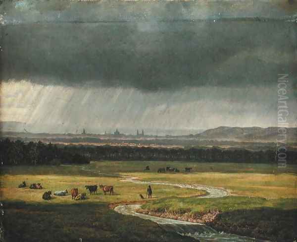 Landscape with Dresden in the Distance, 1830 Oil Painting by Heinrich Stuhlmann