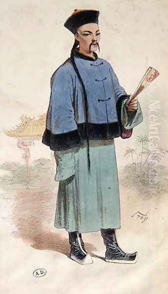 Mandarin in a fur trimmed coat with fan, c.1860 Oil Painting by Louis Morel-Retz Stop