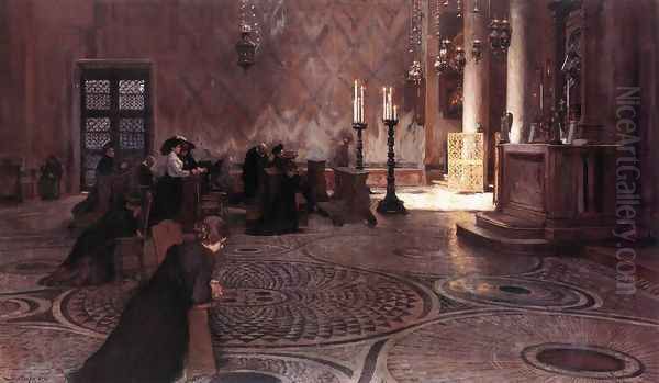 Prayer in the St. Marks Basilica in Venice 1890s Oil Painting by Dome Skuteczky