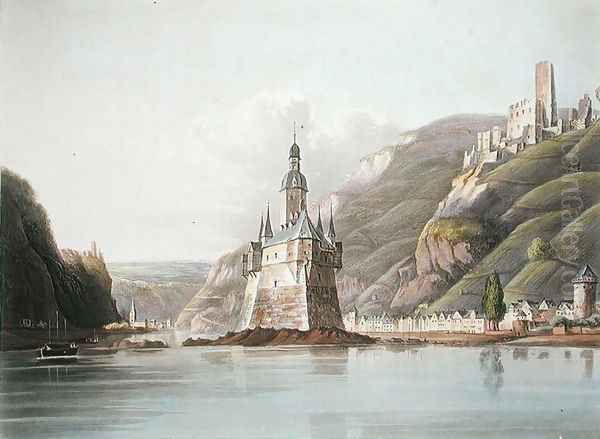 Pfalz Castle and the Town of Laub, illustration from A Picturesque Tour along the Rhine, from Mentz to Cologne, engraved by T. Sutherland, published 1820 Oil Painting by Schuetz, M.