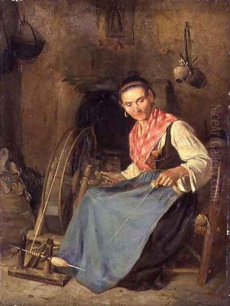 Woman Spinning Oil Painting by Thomas Stuart Smith