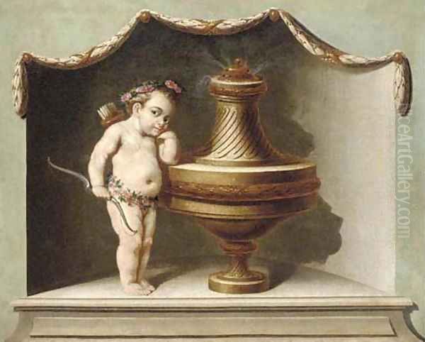 Cupid standing by an incense burner in a niche Oil Painting by Italian School