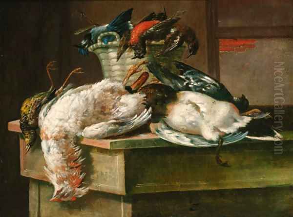 Dead game with a basket and a plate in an interior Oil Painting by Italian School