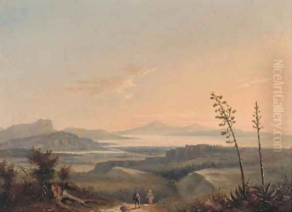 Figures returning home in an Italianate landscape Oil Painting by Italian School