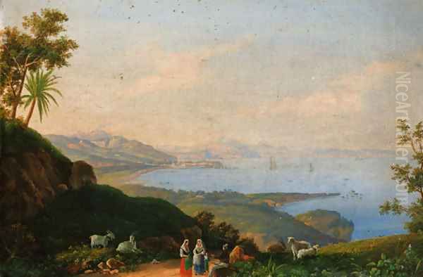 Figures conversing on a track, the Neopolitan coast beyond Oil Painting by Italian School