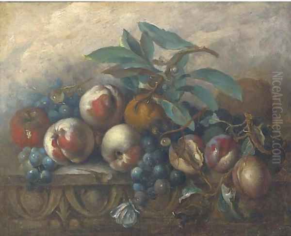 Peaches, grapes, oranges and an apple on an ornamental ledge Oil Painting by Italian School