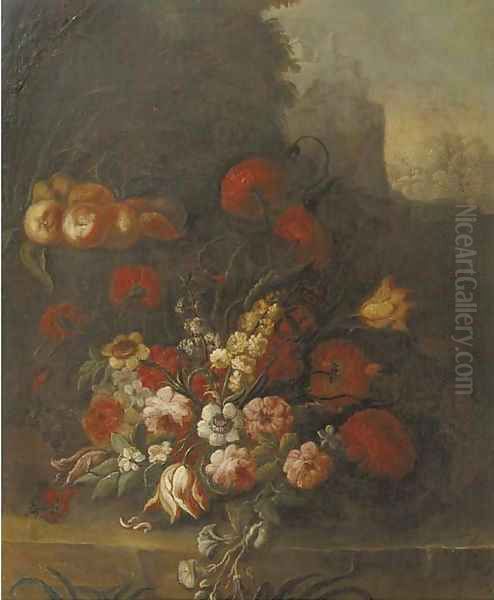 Tulips, roses, peonies, narcissus and other flowers and peaches on a ledge Oil Painting by Italian School