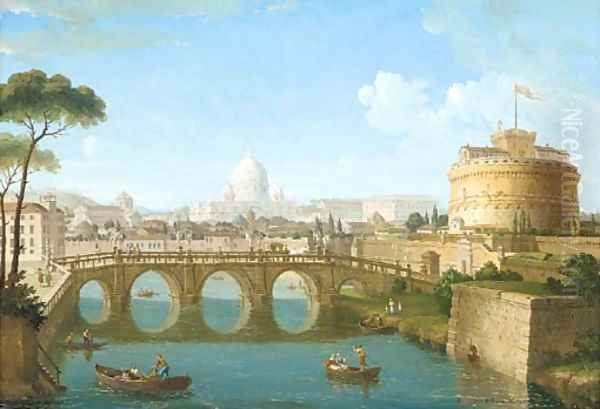 Castel Sant'Angelo in the foreground, St Peter's in the distance Oil Painting by Italian School