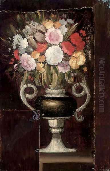 Carnations, narcissi and other flowers in an urn on a ledge Oil Painting by Italian School