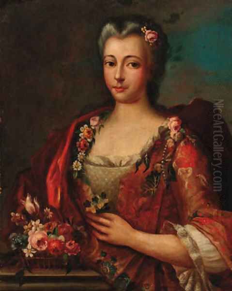 Portrait of a lady, half-length, in a red and grey dress decorated with flowers Oil Painting by Italian School