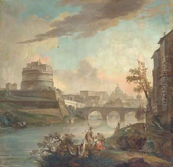 A capriccio view of the Tiber, with the Castel Sant' Angelo and Saint Peter's, Rome Oil Painting by Italian School