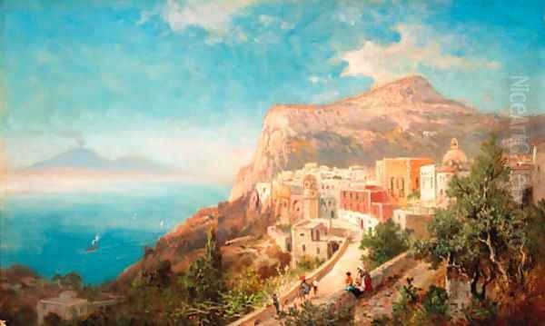 Figures on a coastal path with Capri beyond Oil Painting by Italian School