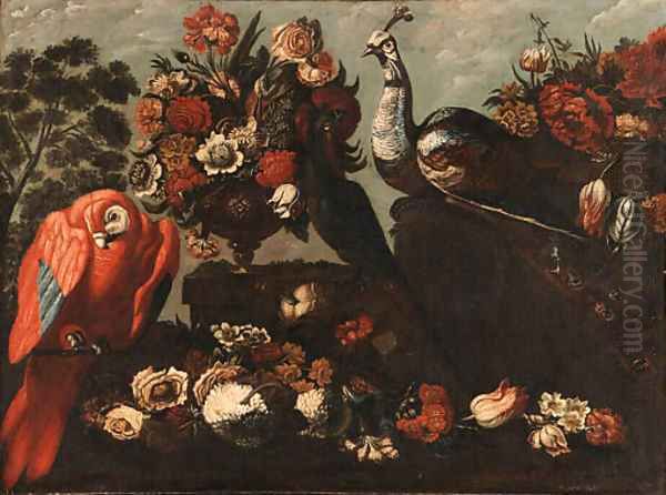 Parrots, a Peacock and Flowers in an Ornamental Garden Oil Painting by Italian School