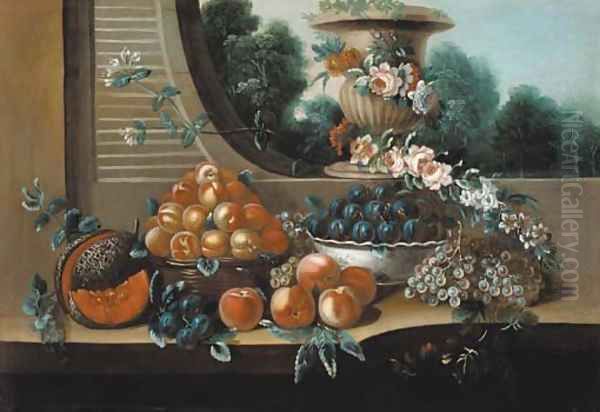 A basket of peaches, with a bowl of plums Oil Painting by Italian School