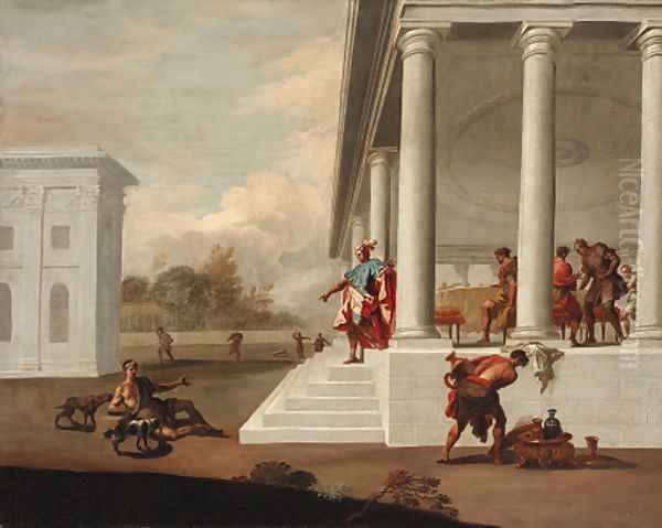 A classical portico with Dives and Lazarus Oil Painting by Italian School