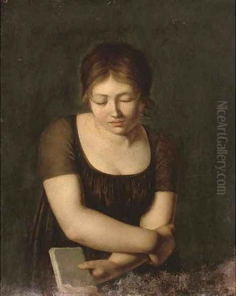 A girl holding a book Oil Painting by Italian School