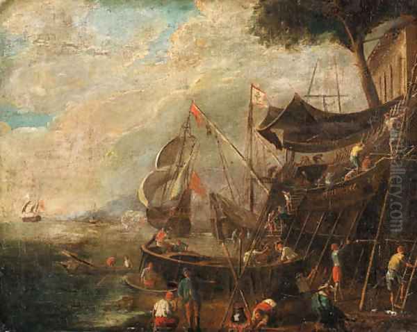 A Mediterranean Landscape with Shipbuilders Oil Painting by Italian School