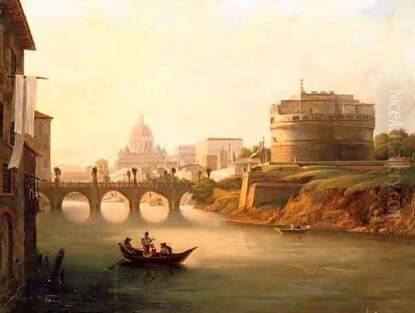 A view of the Tiber with Castel Sant'Angelo, Ponte Sant'Angelo with Saint Peter's beyond Oil Painting by Italian School