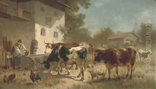 Figures and animals in a sunny farmyard Oil Painting by Italian School