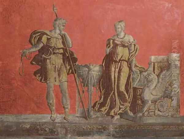 Paris and Aphrodite by a brazier and throne Oil Painting by Italian School