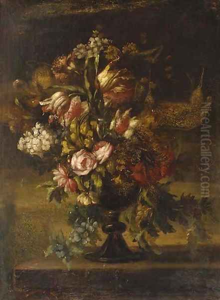 Roses, lilies, carnations and other flowers in a black vase Oil Painting by Italian School