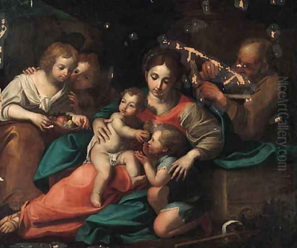 The Holy Family with Saint John the Baptist and two Attendants carrying Fruit Oil Painting by Italian School