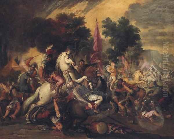 A cavalry battle in an encampment Oil Painting by Italian School