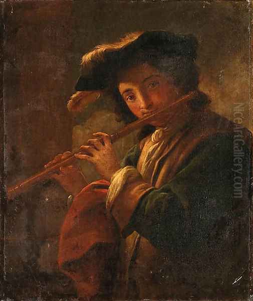 A young Man playing a Flute Oil Painting by Italian School