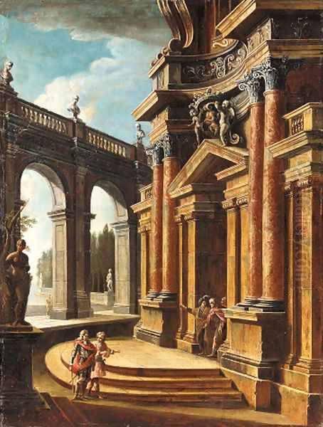 An imaginary courtyard with elegant figures promenading Oil Painting by Italian School