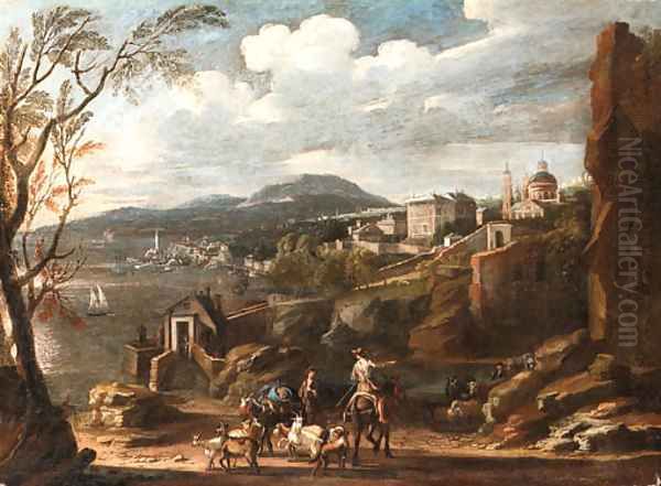 An Italianate coastal Landscape with Travellers conversing on a Path with a Town beyond Oil Painting by Italian School